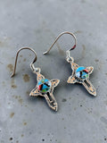 Making Waves Jewelry and Accessories sterling silver cross dangle earrings with turquoise, coral, and onyx stone inlay.