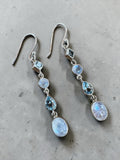 Making Waves Jewelry and Accessories sterling silver drop earrings with iridescent moonstone and blue topaz stones.