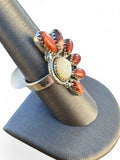 Making Waves Jewelry and Accessories sterling silver statement ring with mother-of-pearl and red jasper stones.