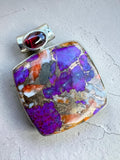 Making Waves Jewelry and Accessories square pendant with purple spiny oyster, copper matrix, and garnet-accented bail.