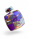 Making Waves Jewelry and Accessories square purple spiny oyster and copper matrix pendant with a garnet-accented bail.