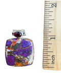 Making Waves Jewelry and Accessories handcrafted square pendant with purple spiny oyster, copper matrix, and garnet bail.