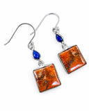Making Waves Jewelry and Accessories sterling silver drop earrings with square orange stone and blue lapis accents.