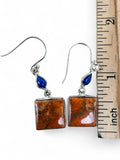 Making Waves Jewelry and Accessories sterling silver drop earrings with square orange stone and blue lapis accents.