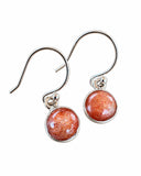 Making Waves Jewelry and Accessories round sunstone drop earrings in polished 925 sterling silver bezel settings.
