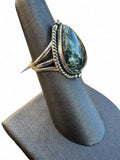 Making Waves Jewelry and Accessories teardrop Seraphinite ring in sterling silver with rope border and split-shank band