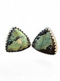 Making Waves Jewelry and Accessories triangle turquoise stud earrings in sterling silver with serrated bezel settings.