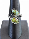 Making Waves Jewelry and Accessories sterling silver bypass ring with two oval green turquoise stones and leaf detail