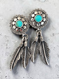 Making Waves Jewelry and Accessories sterling silver feather drop earrings with turquoise stones and oxidized finish.