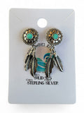 Making Waves Jewelry and Accessories sterling silver feather drop earrings with turquoise stones and oxidized finish.