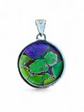 Making Waves Jewelry and Accessories round pendant featuring a vibrant purple and lime green turquoise mosaic in sterling silver.