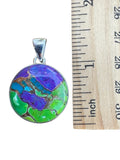 Making Waves Jewelry and Accessories round sterling silver pendant featuring a vibrant purple and lime turquoise mosaic