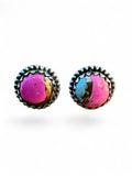 Making Waves Jewelry and Accessories handcrafted stud earrings with pink and blue turquoise in sterling silver settings.