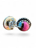 Making Waves Jewelry and Accessories artisan stud earrings with pink and blue turquoise in sterling silver settings.