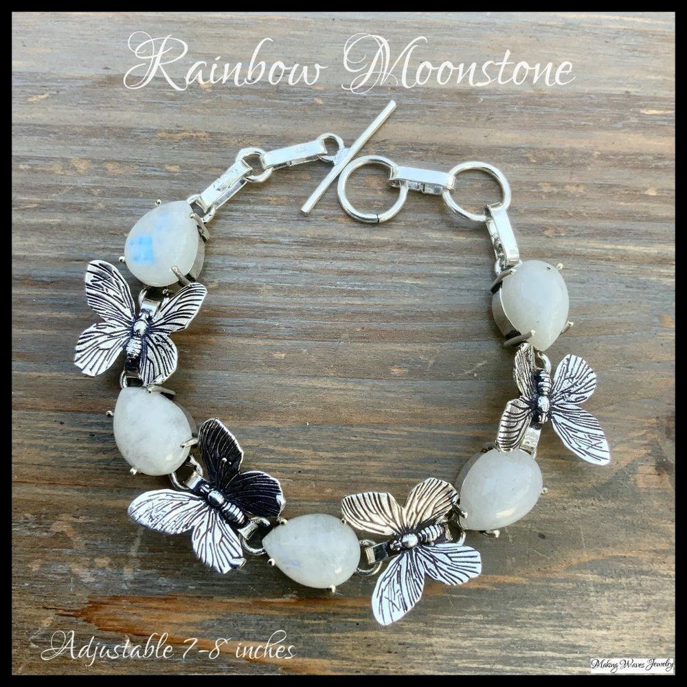 Rainbow Moonstone Silver Butterfly Bracelet