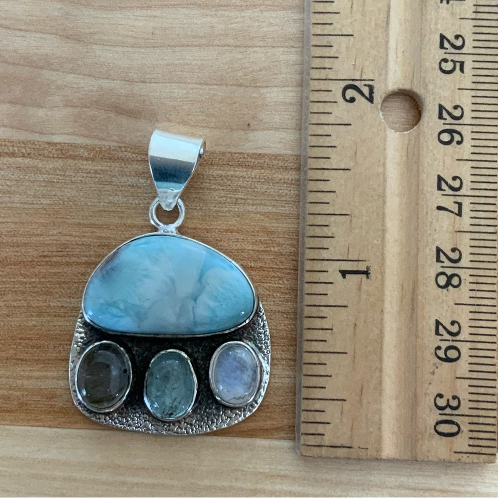 Caribbean Larimar, Moonstone & Labradorite Solid 925 Sterling Silver Pendant