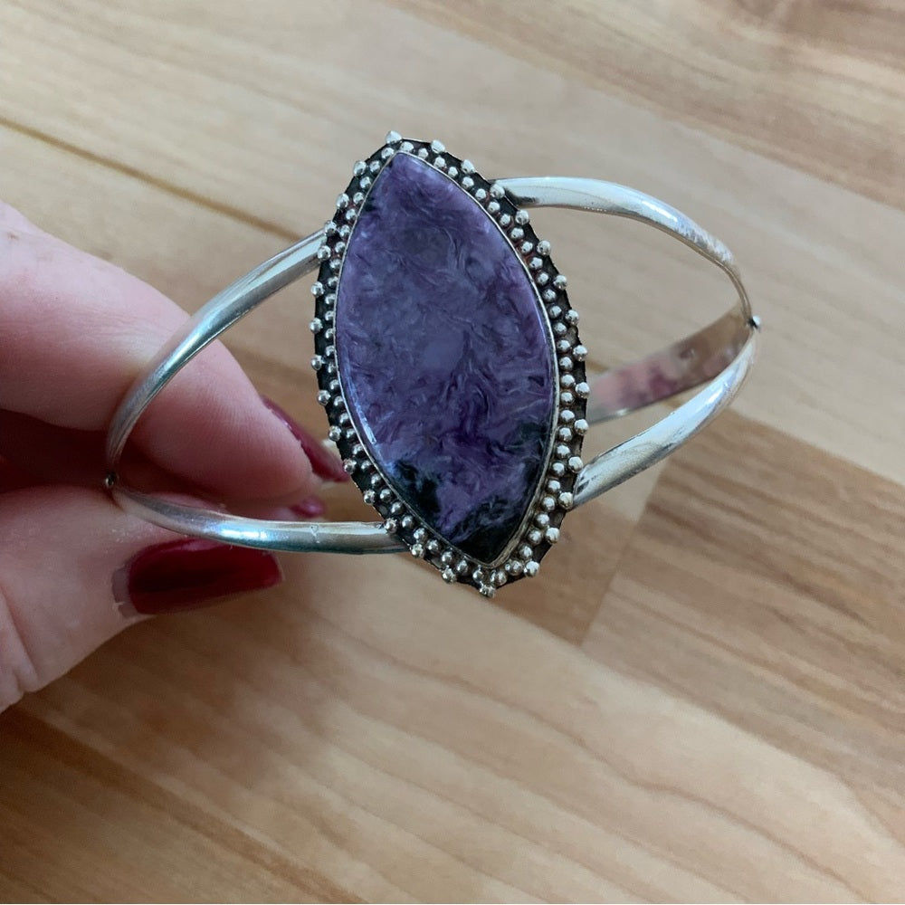 Charoite Solid 925 Sterling Silver Cuff Bracelet