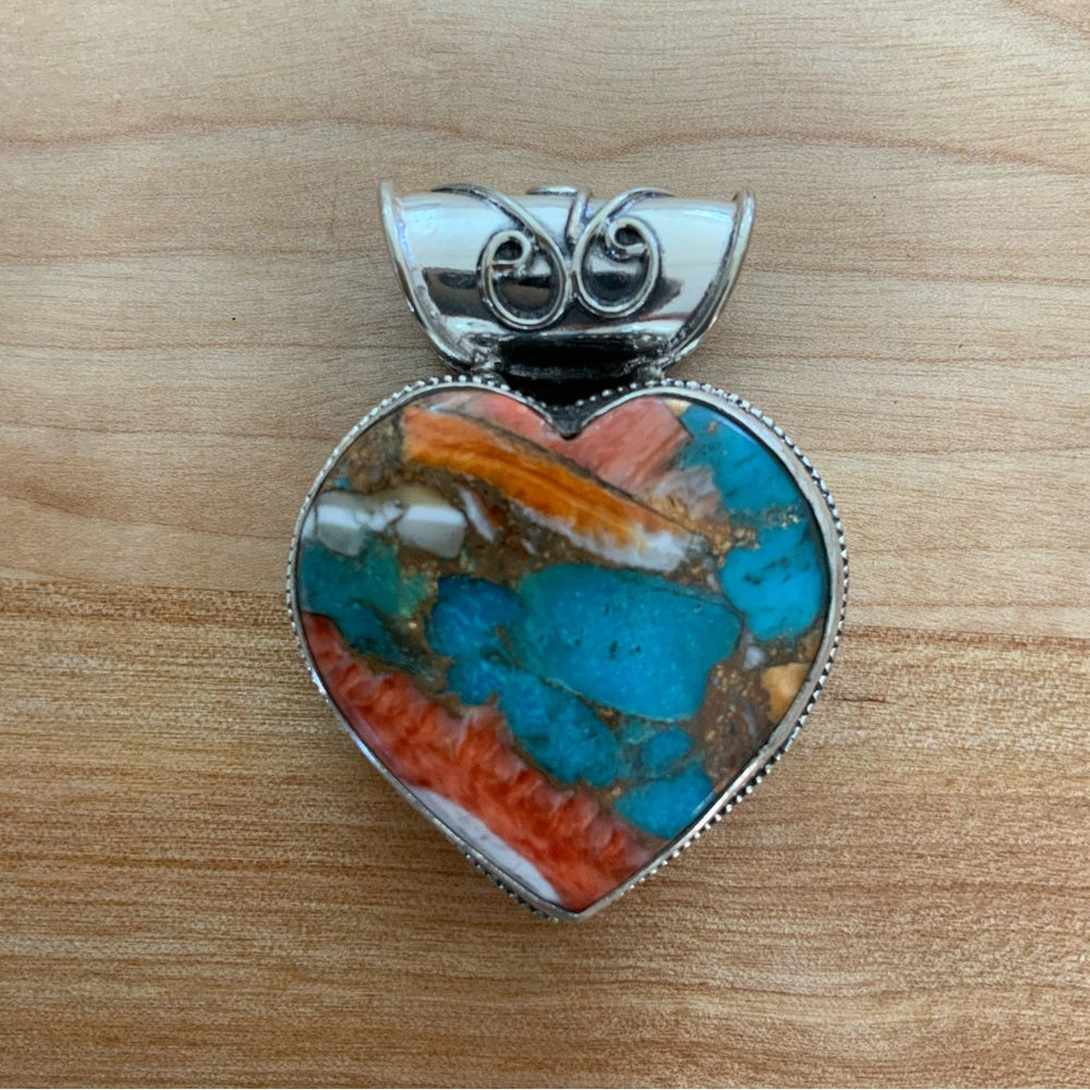 Turquoise & Spiny Oyster Heart Solid 925 Sterling Silver Pendant