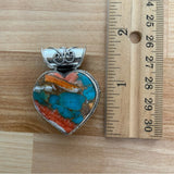 Kingman Turquoise & Spiny Oyster Heart Solid 925 Sterling Silver Pendant