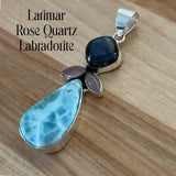 Solid 925 Sterling Silver Larimar, Rose Quartz & Labradorite Pendant