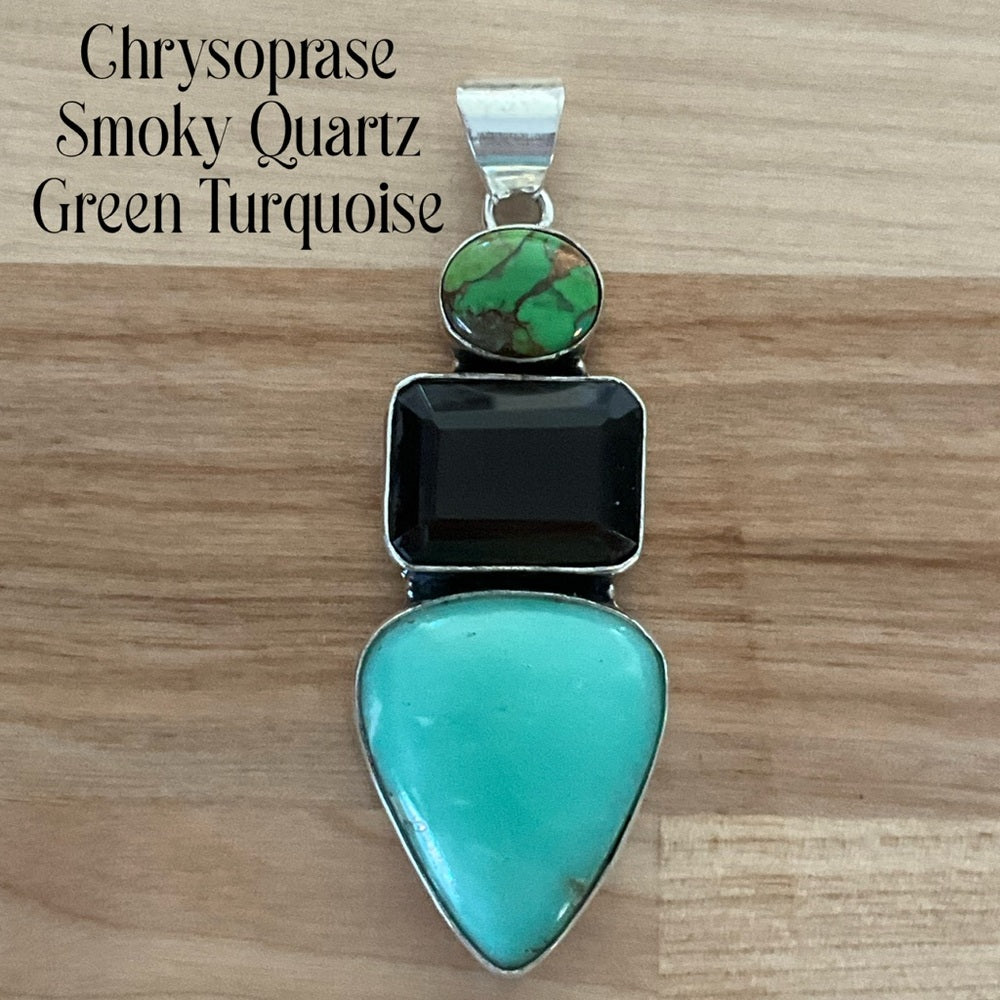Solid 925 Sterling Silver Chrysoprase, Smoky Quartz & Green Turquoise Pendant