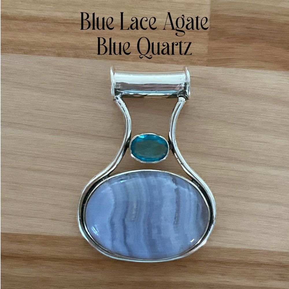 Solid 925 Sterling Silver Blue Lace Agate & Blue Quartz Pendant