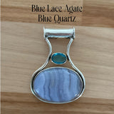 Solid 925 Sterling Silver Blue Lace Agate & Blue Quartz Pendant