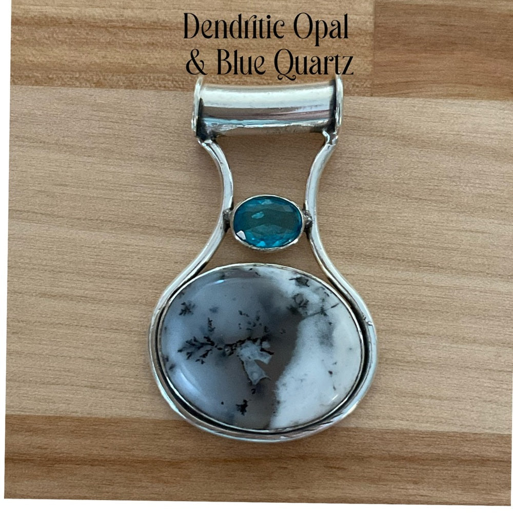 Solid 925 Sterling Silver Dendritic Opal & Blue Quartz Pendant