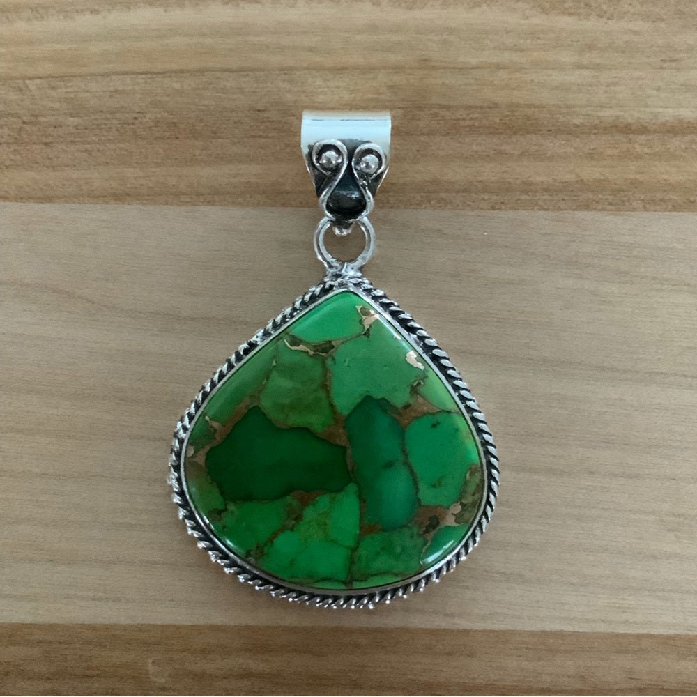 Solid 925 Sterling Silver Green Copper Turquoise Pendant