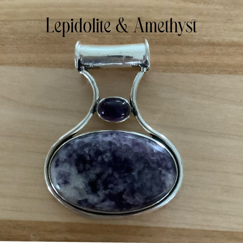 Solid 925 Sterling Silver Lepidolite & Amethyst Pendant