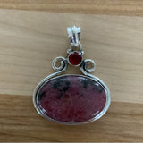 Solid 925 Sterling Silver Rhodonite & Red Onyx Pendant