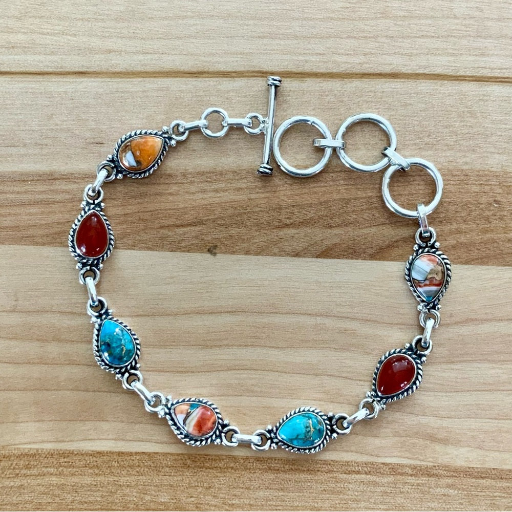 Turquoise, Spiny Oyster & Carnelian Solid 925 Sterling Silver Bracelet