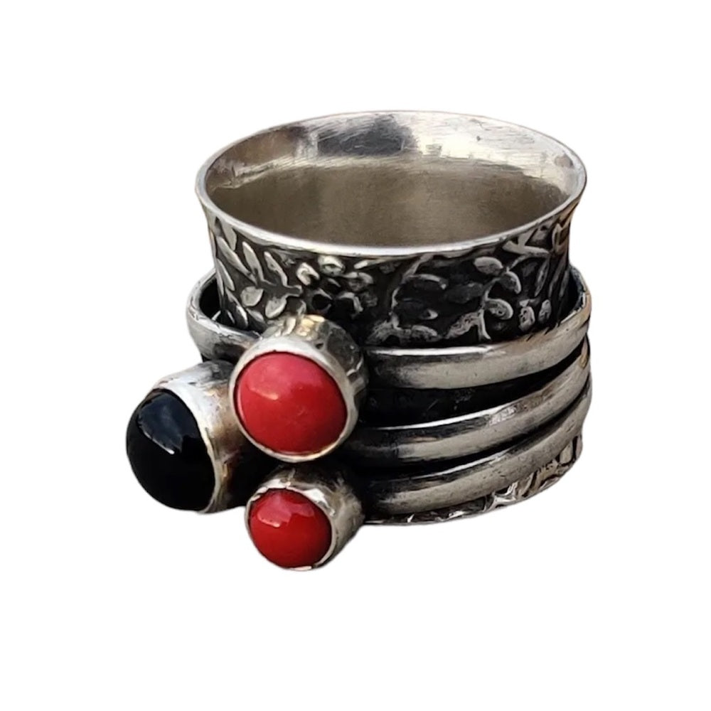 Red Coral & Onyx Solid 925 Sterling Silver Spinner Ring