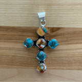 Cross Turquoise & Spiny Oyster Solid 925 Sterling Silver Pendant