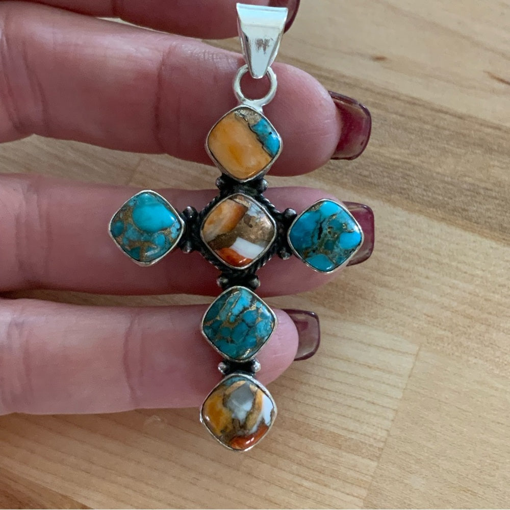 Cross Turquoise & Spiny Oyster Solid 925 Sterling Silver Pendant