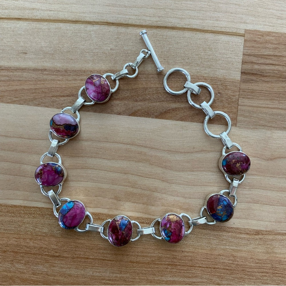 Pink Dahlia Turquoise Solid 925 Sterling Silver Bracelet