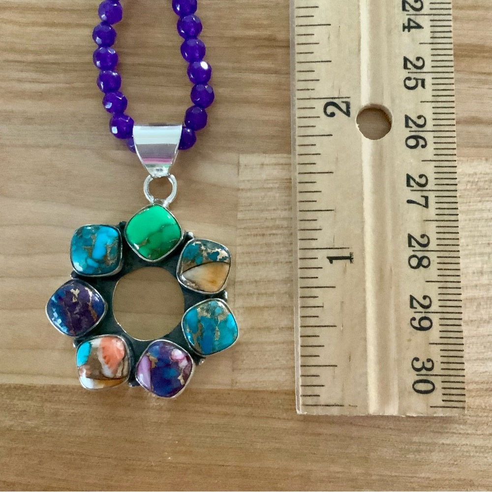 Turquoise Wreath Solid 925 Sterling Silver Pendant & Amethyst Beaded Necklace