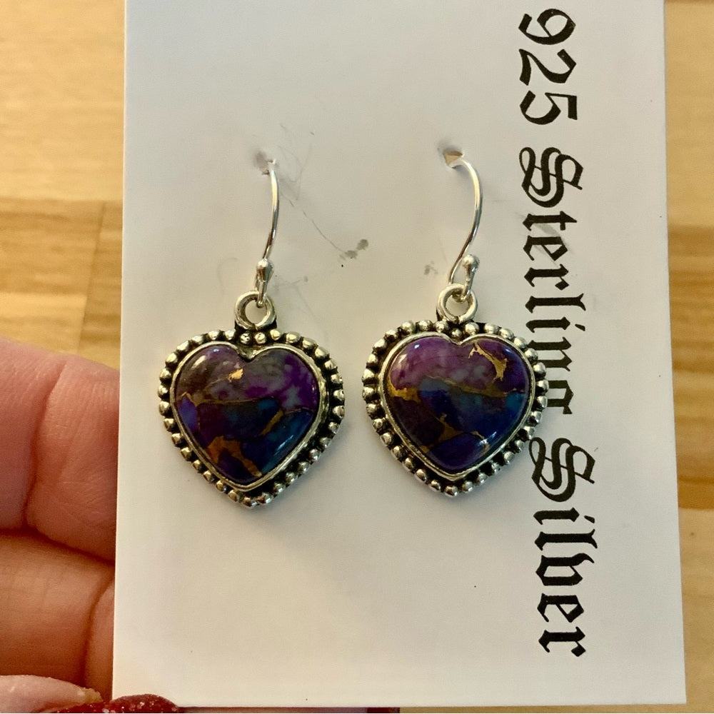 HEART Purple Copper Turquoise Solid 925 Sterling Silver Earrings
