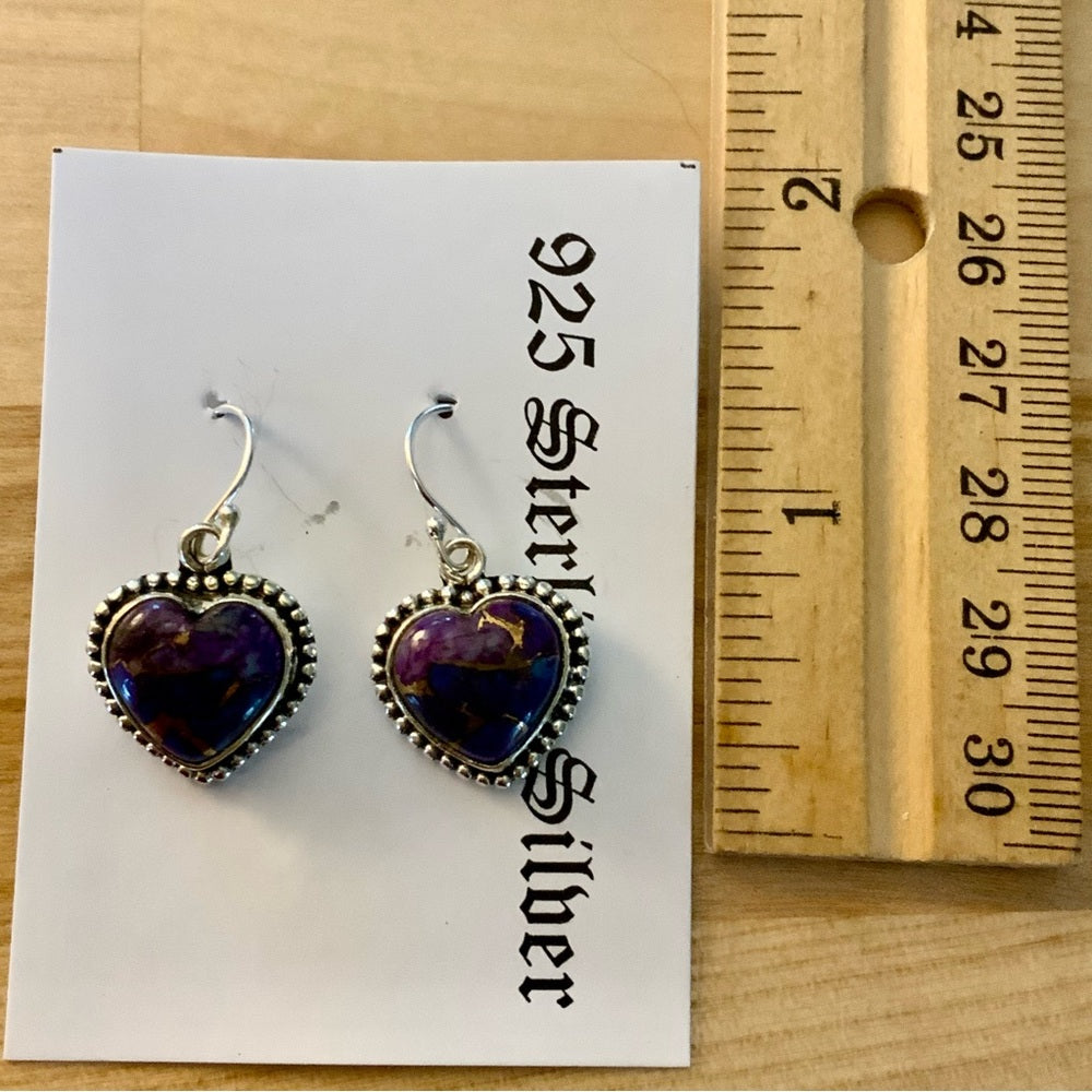 HEART Purple Copper Turquoise Solid 925 Sterling Silver Earrings
