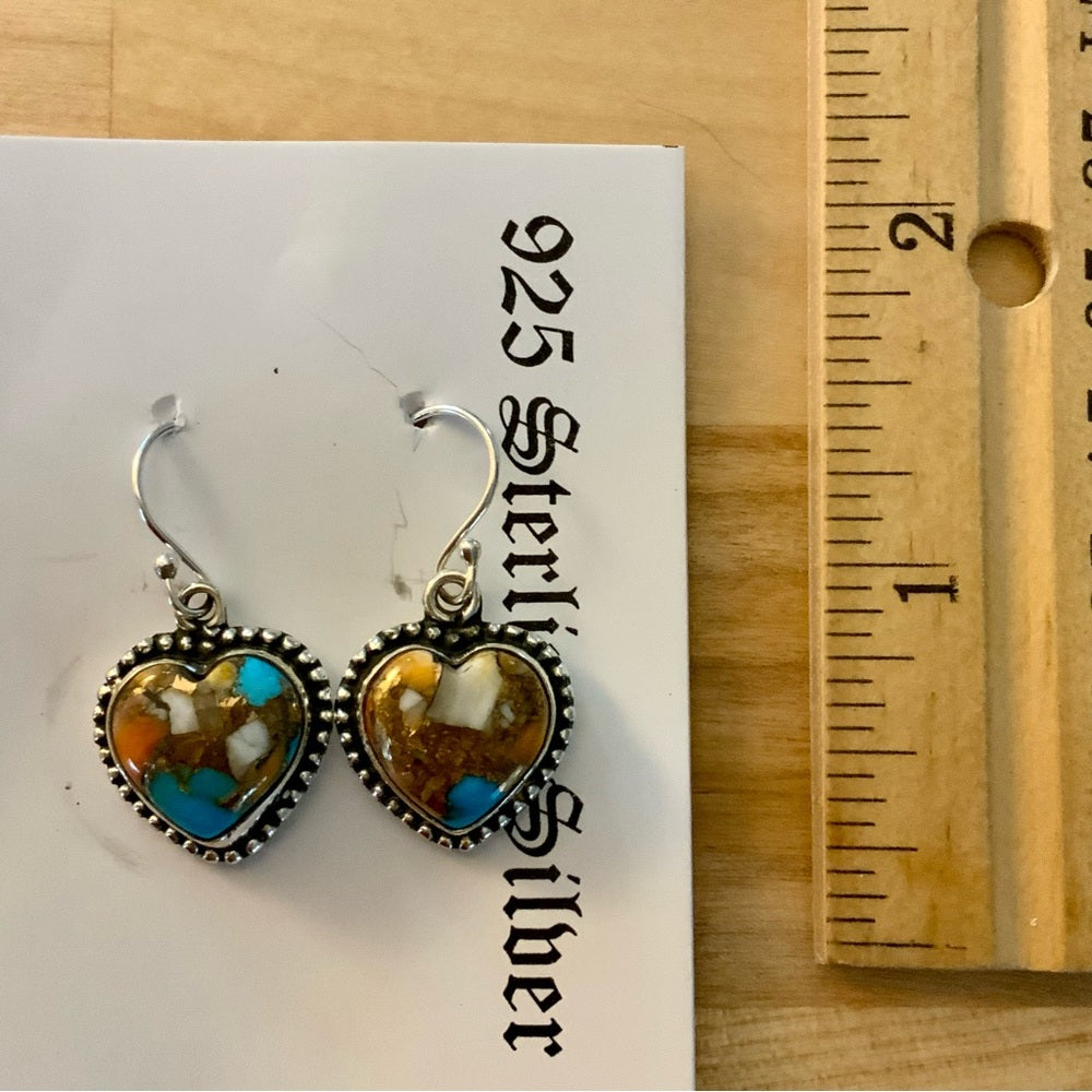 HEART Turquoise & Spiny Oyster Solid 925 Sterling Silver Earrings