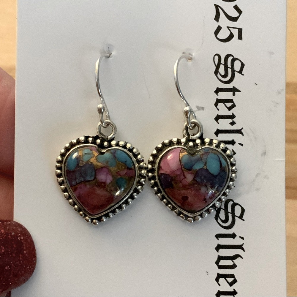 HEART Pink Dahlia Turquoise Solid 925 Sterling Silver Earrings
