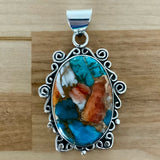 Kingman Turquoise & Spiny Oyster Solid 925 Sterling Silver Pendant