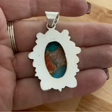 Kingman Turquoise & Spiny Oyster Solid 925 Sterling Silver Pendant