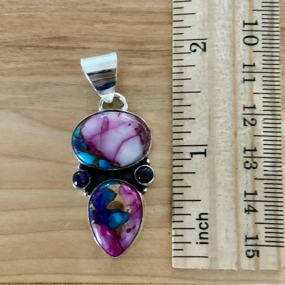 Pink Dahlia Turquoise & Amethyst Solid 925 Sterling Silver Pendant