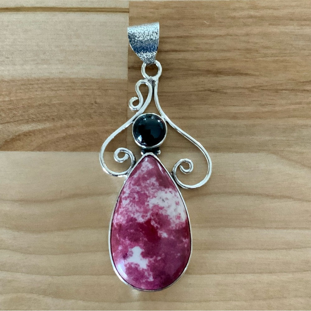 Pink Thulite & Amethyst Solid 925 Sterling Silver Pendant