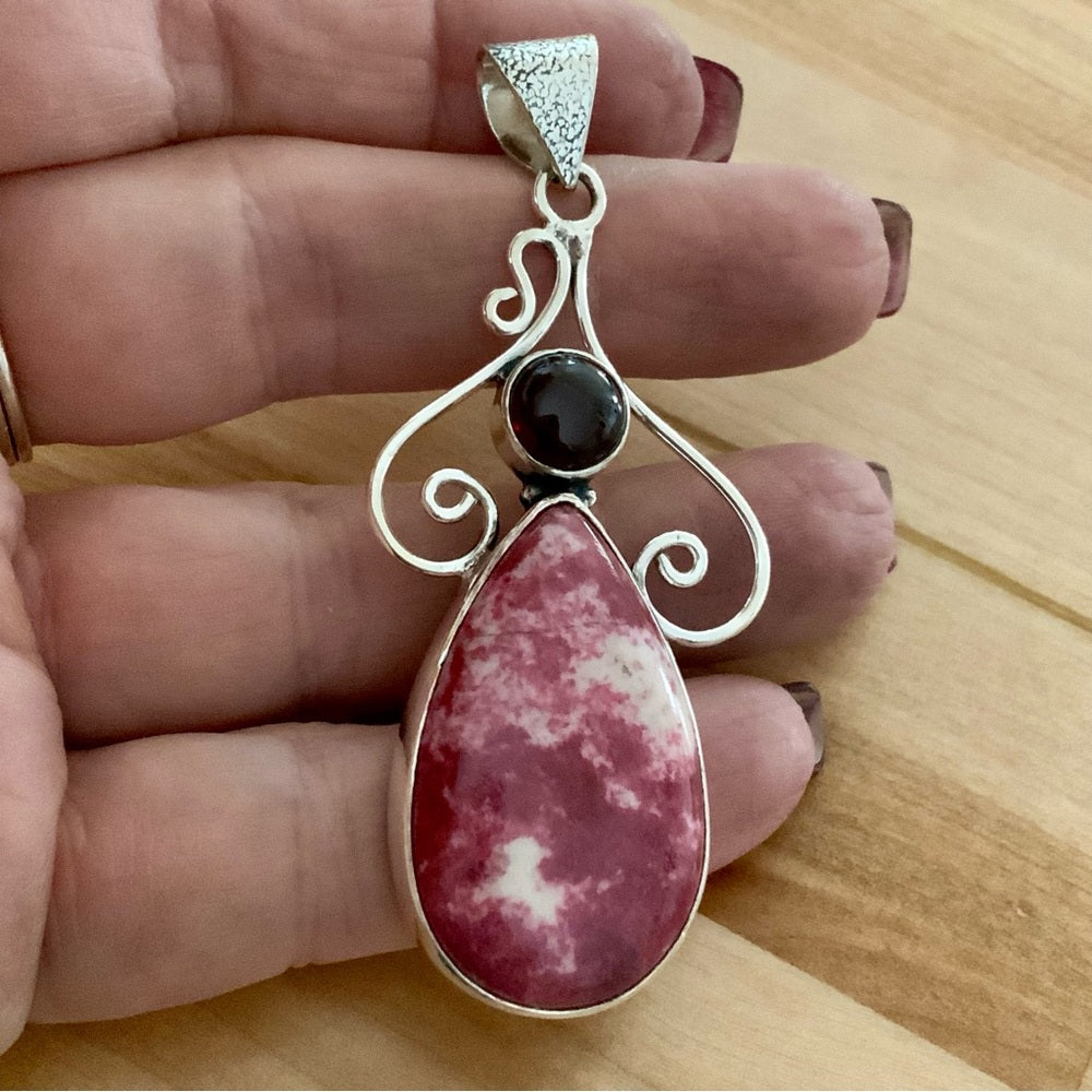 Pink Thulite & Amethyst Solid 925 Sterling Silver Pendant