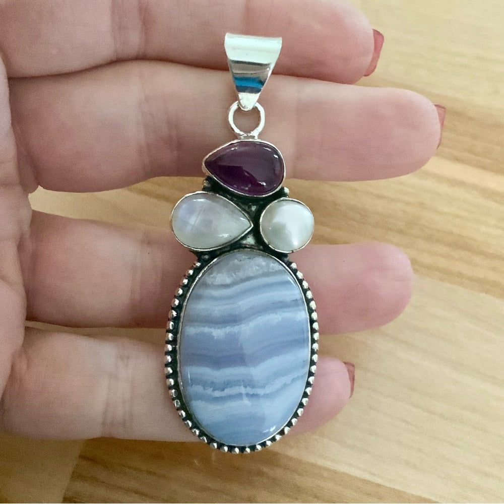 Blue Lace Agate, Moonstone, Amethyst & Pearl Solid 925 Sterling Silver Pendant