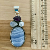Blue Lace Agate, Moonstone, Amethyst & Pearl Solid 925 Sterling Silver Pendant