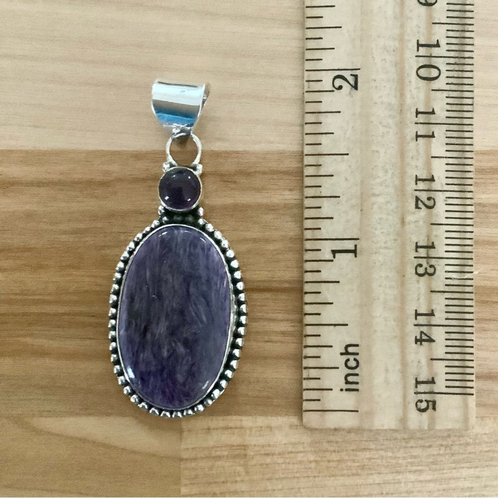 Russian Charoite & Amethyst Solid 925 Sterling Silver Pendant