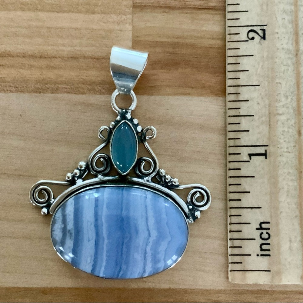 Blue Lace Agate & Chalcedony Solid Sterling Silver Pendant